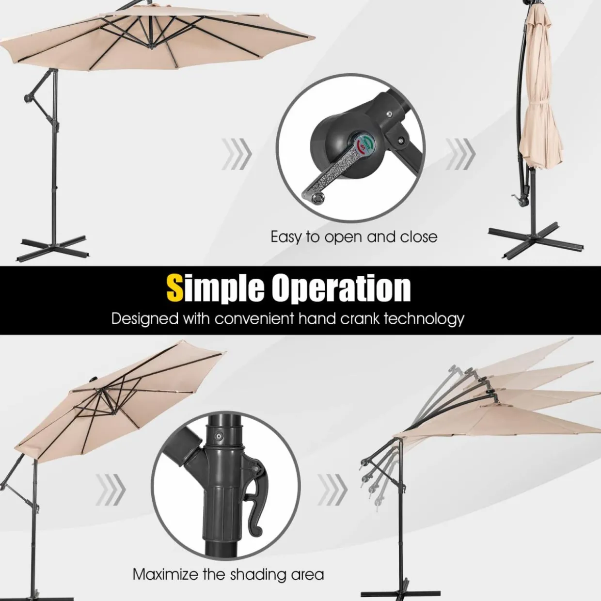 Tangkula 10 ft Cantilever Umbrella w/32 Solar-Powered LED Lights, Functional Tilting System & Hand-Crank Mechanism