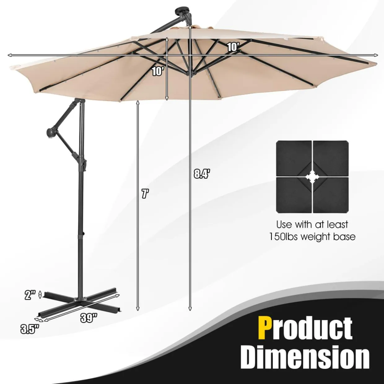 Tangkula 10 ft Cantilever Umbrella w/32 Solar-Powered LED Lights, Functional Tilting System & Hand-Crank Mechanism