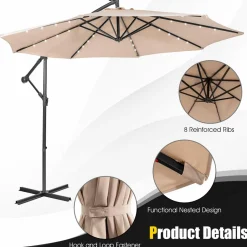 Tangkula 10 ft Cantilever Umbrella w/32 Solar-Powered LED Lights, Functional Tilting System & Hand-Crank Mechanism