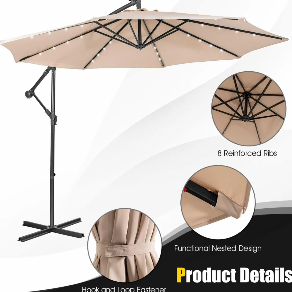 Tangkula 10 ft Cantilever Umbrella w/32 Solar-Powered LED Lights, Functional Tilting System & Hand-Crank Mechanism