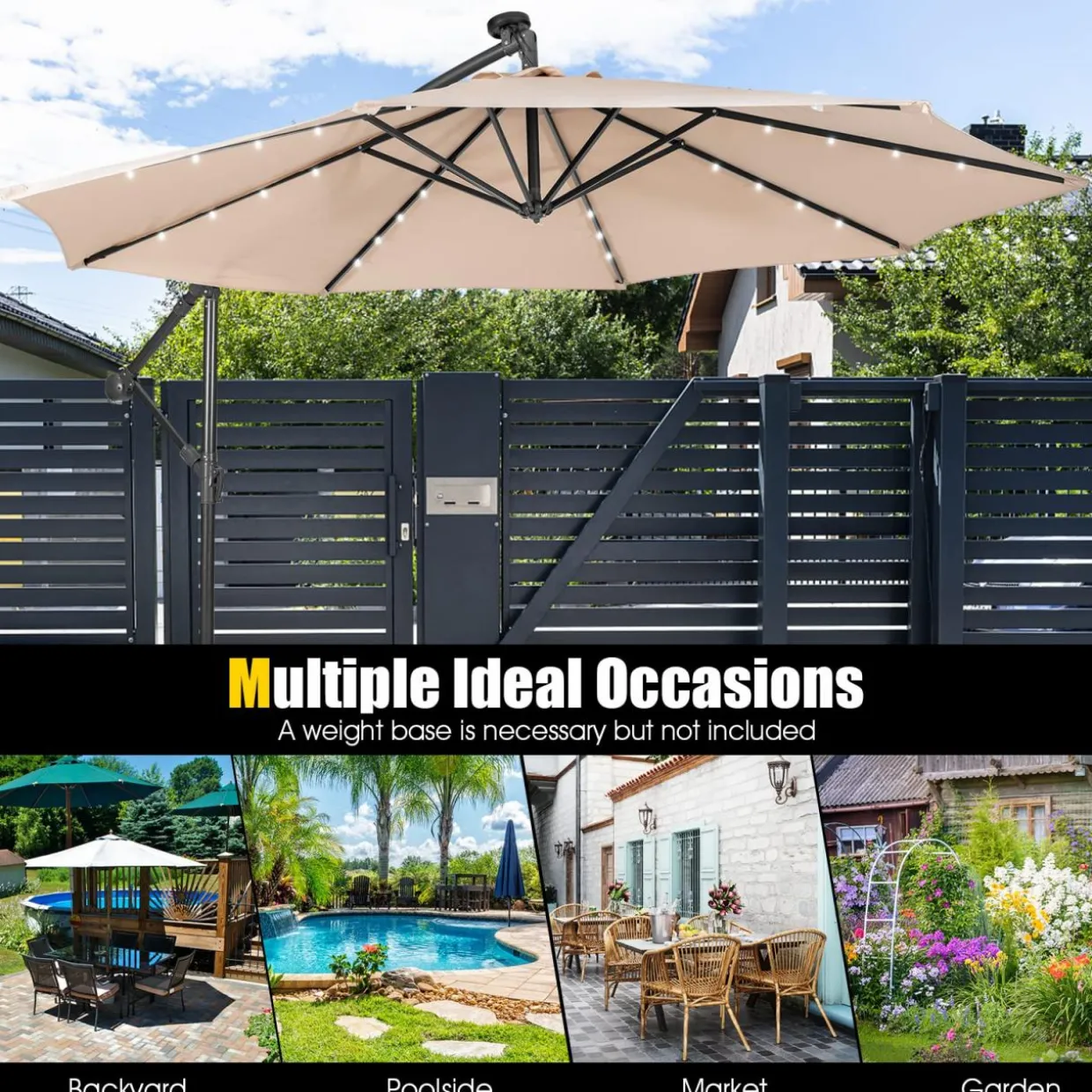 Tangkula 10 ft Cantilever Umbrella w/32 Solar-Powered LED Lights, Functional Tilting System & Hand-Crank Mechanism