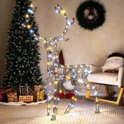 Tangkula 4.6 FT Christmas 3D Lighted Reindeer, Pre-Lit Rattan Buck with Large Antlers & 170 LED Lights