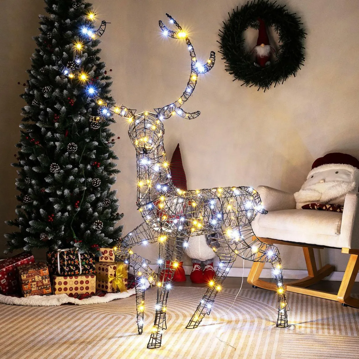 Tangkula 4.6 FT Christmas 3D Lighted Reindeer, Pre-Lit Rattan Buck with Large Antlers & 170 LED Lights