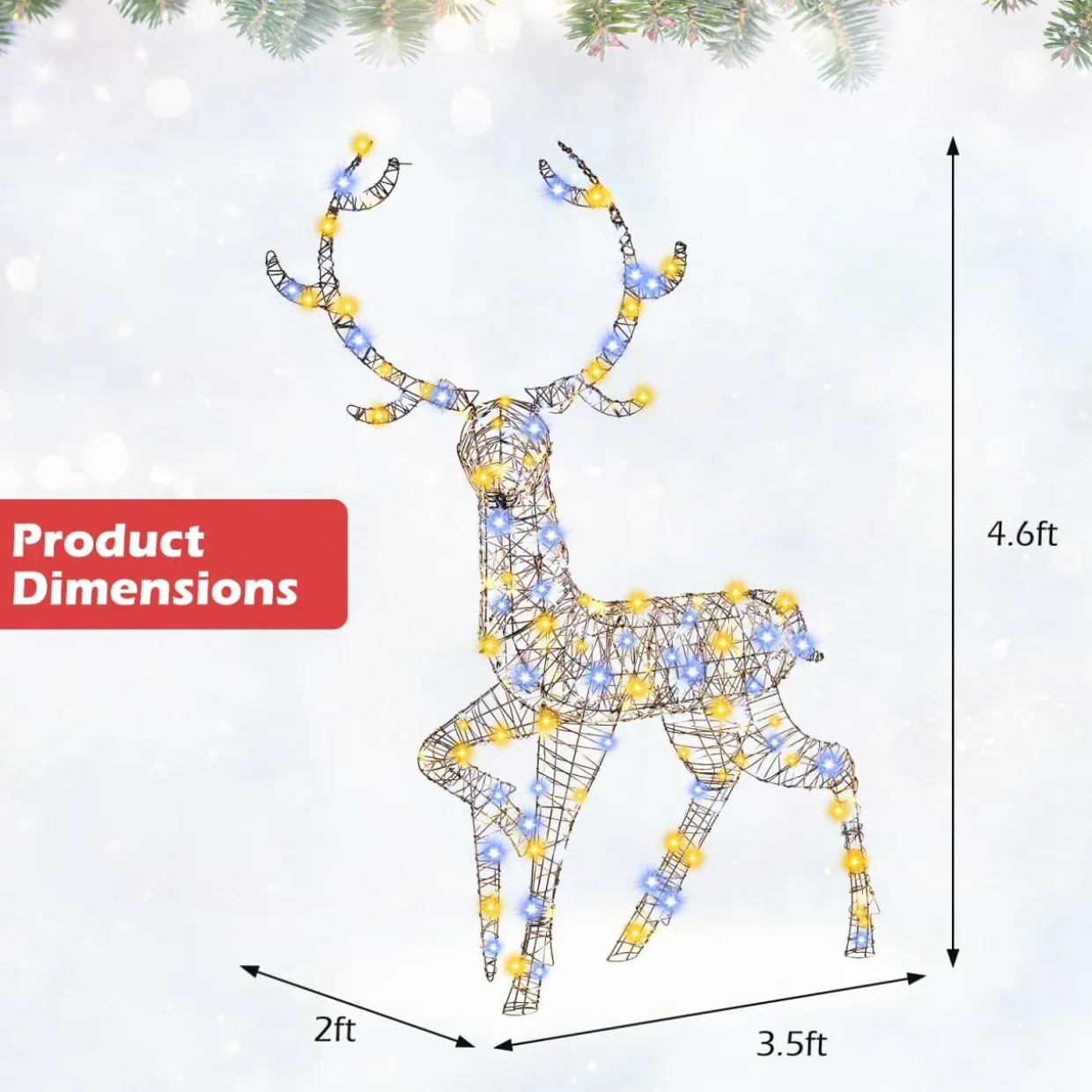 Tangkula 4.6 FT Christmas 3D Lighted Reindeer, Pre-Lit Rattan Buck with Large Antlers & 170 LED Lights