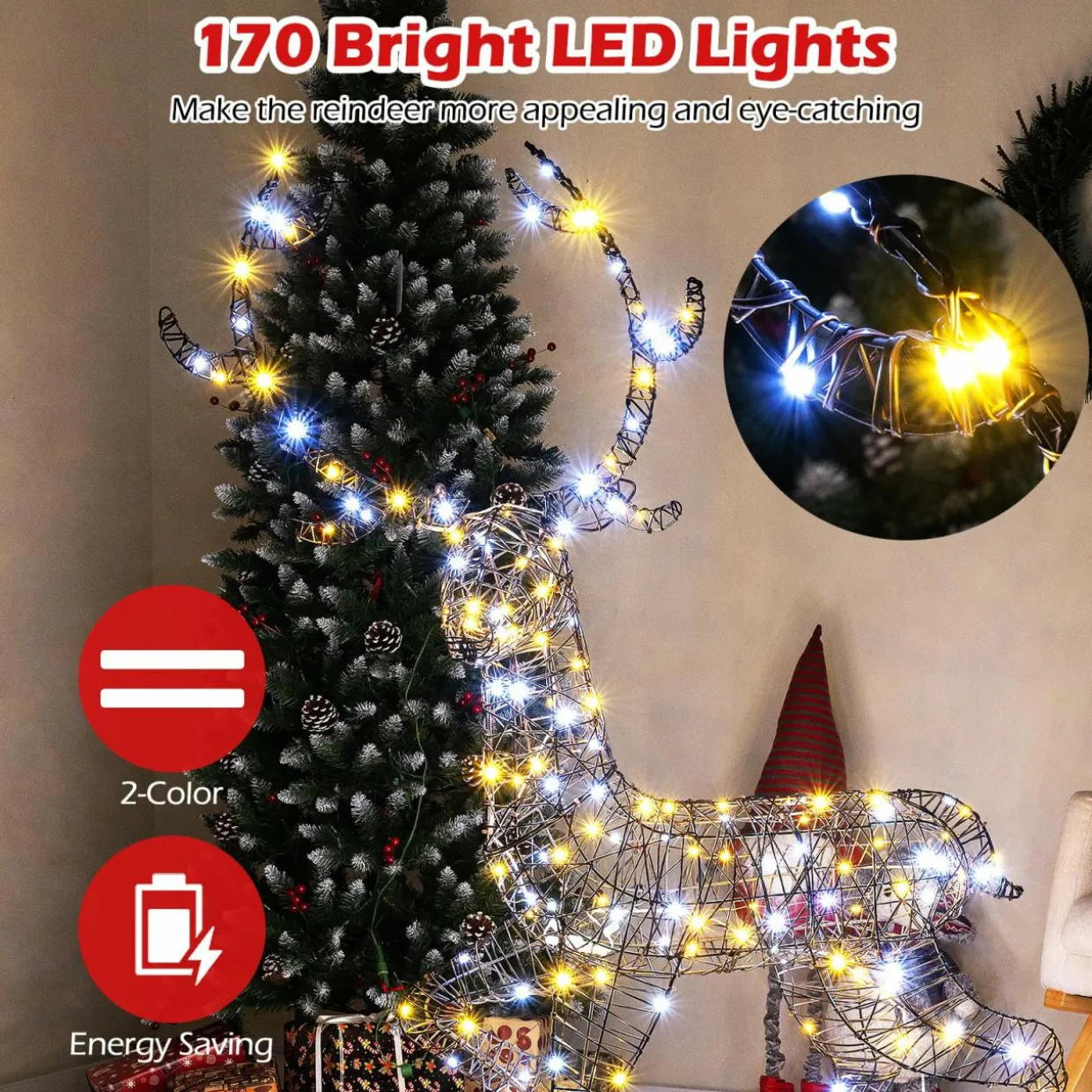 Tangkula 4.6 FT Christmas 3D Lighted Reindeer, Pre-Lit Rattan Buck with Large Antlers & 170 LED Lights