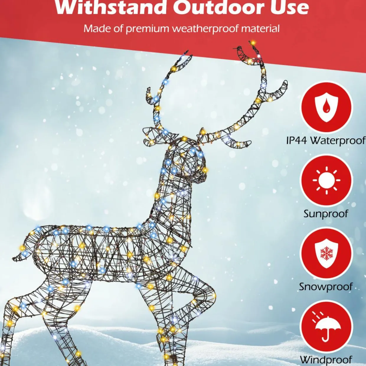 Tangkula 4.6 FT Christmas 3D Lighted Reindeer, Pre-Lit Rattan Buck with Large Antlers & 170 LED Lights