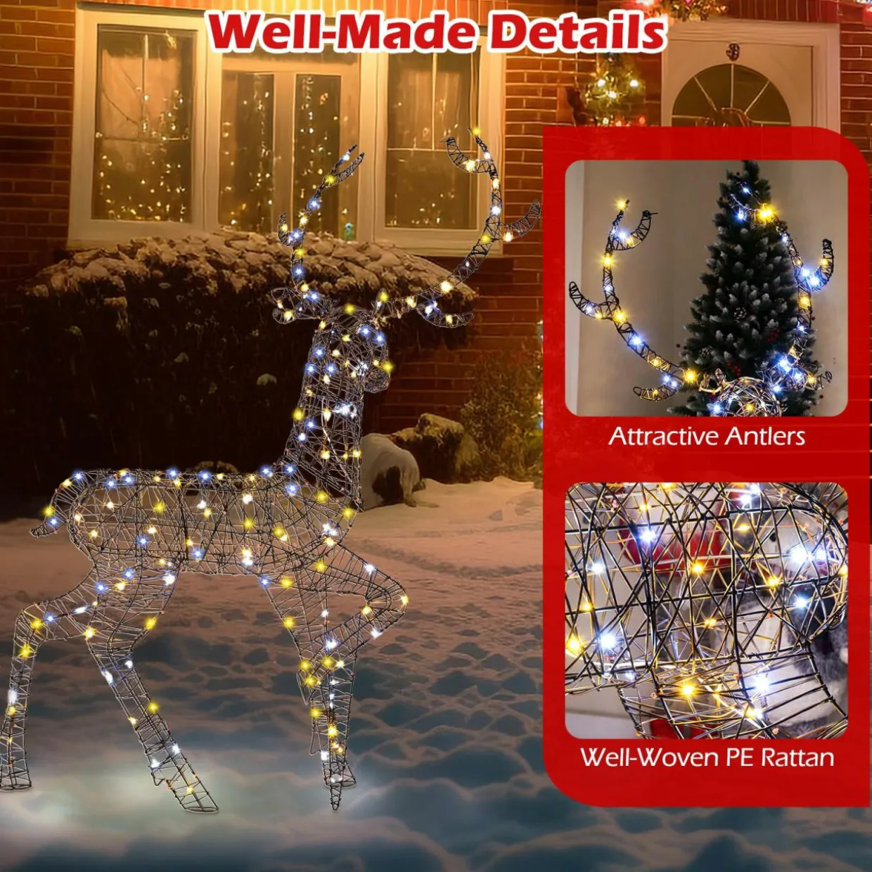 Tangkula 4.6 FT Christmas 3D Lighted Reindeer, Pre-Lit Rattan Buck with Large Antlers & 170 LED Lights