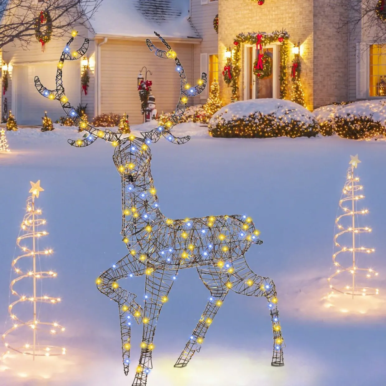 Tangkula 4.6 FT Christmas 3D Lighted Reindeer, Pre-Lit Rattan Buck with Large Antlers & 170 LED Lights