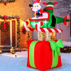 Tangkula 6 FT Christmas Inflatable Santa Claus Flying Helicopter on Gift Box