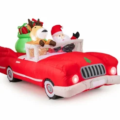 Tangkula 7.7 FT Christmas Inflatable Santa Claus & Reindeer Riding Car with Gift Bag