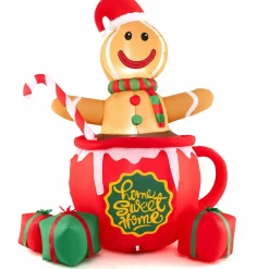 Tangkula 7 FT Christmas Inflatable Gingerbread Man in Hot Cocoa Mug