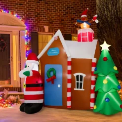 Tangkula 7 FT Christmas Inflatables Ginger House with Santa Claus & Christmas Tree