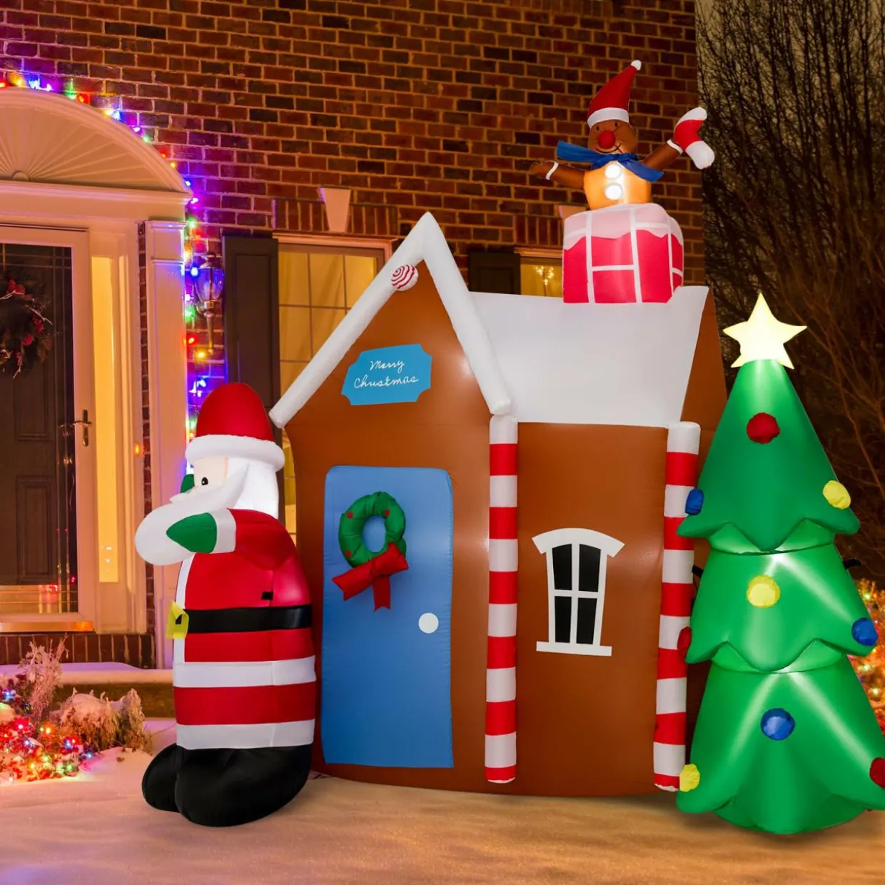 Tangkula 7 FT Christmas Inflatables Ginger House with Santa Claus & Christmas Tree