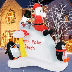 Tangkula 6.4 FT Christmas Inflatable Penguins, Santa & Snowman on Slide