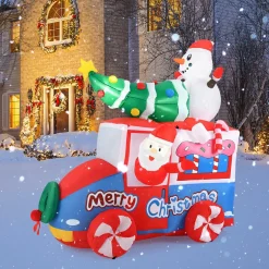 Tangkula 6 FT Christmas Inflatable Santa Claus Driving Car with Xmas Tree & Snowman