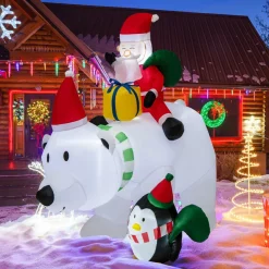Tangkula 7.5 FT Christmas Inflatable Polar Bear, Blow up Santa Claus Riding Bear with Penguin, Gift Bags & Gift Box