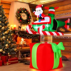 Tangkula 6 FT Christmas Inflatable Santa Claus Flying Helicopter on Gift Box