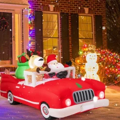 Tangkula 7.7 FT Christmas Inflatable Santa Claus & Reindeer Riding Car with Gift Bag