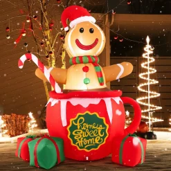 Tangkula 7 FT Christmas Inflatable Gingerbread Man in Hot Cocoa Mug