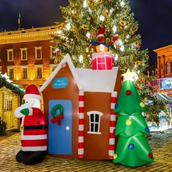Tangkula 7 FT Christmas Inflatables Ginger House with Santa Claus & Christmas Tree