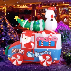 Tangkula 6 FT Christmas Inflatable Santa Claus Driving Car with Xmas Tree & Snowman