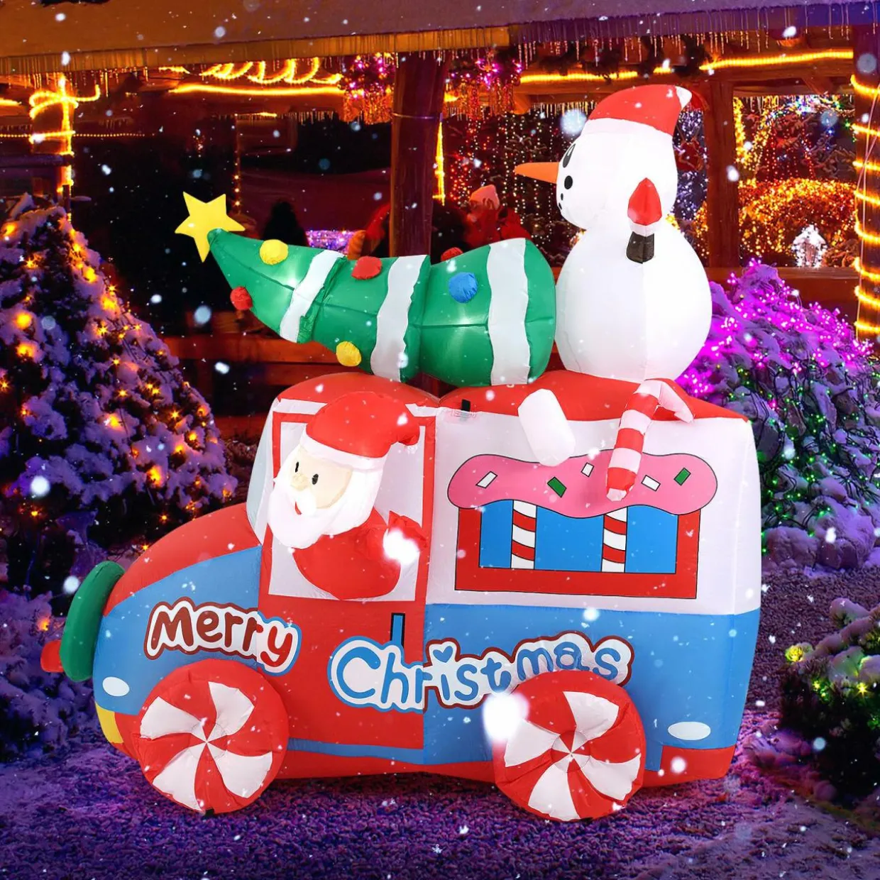 Tangkula 6 FT Christmas Inflatable Santa Claus Driving Car with Xmas Tree & Snowman