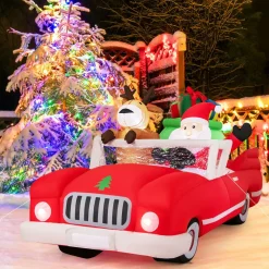 Tangkula 7.7 FT Christmas Inflatable Santa Claus & Reindeer Riding Car with Gift Bag