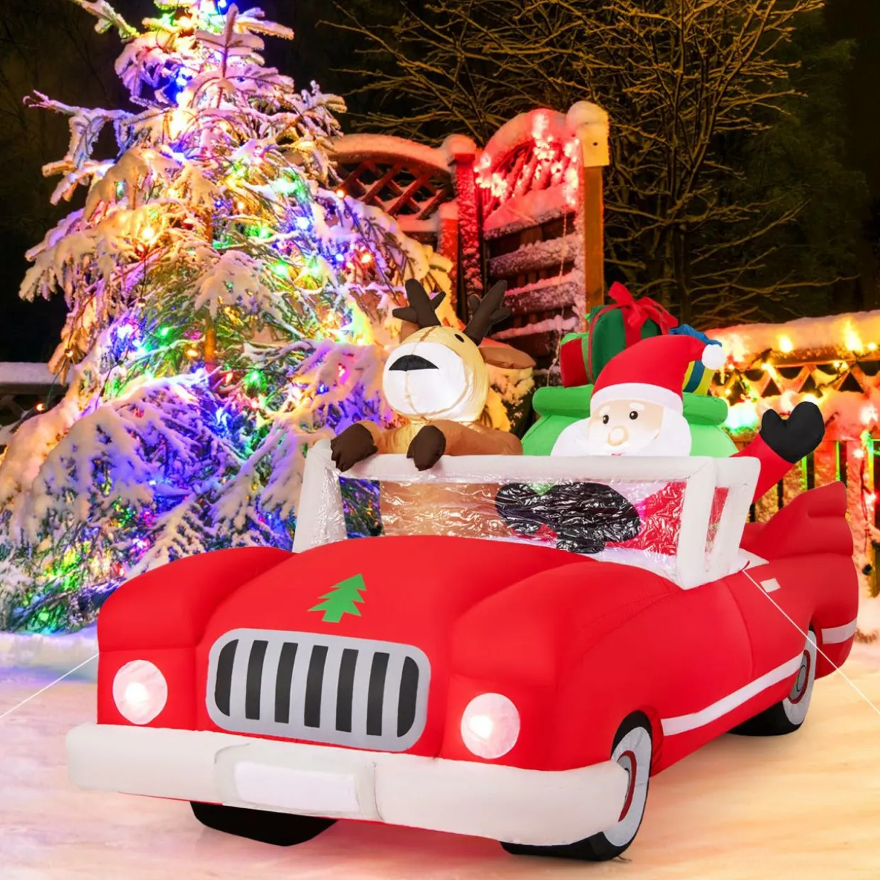 Tangkula 7.7 FT Christmas Inflatable Santa Claus & Reindeer Riding Car with Gift Bag