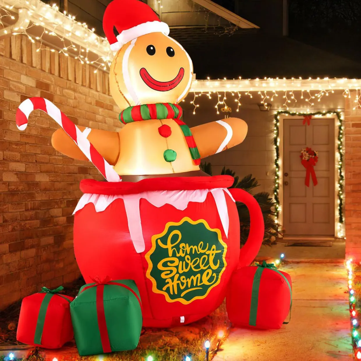 Tangkula 7 FT Christmas Inflatable Gingerbread Man in Hot Cocoa Mug