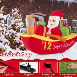 Tangkula 7 FT Christmas Inflatable Santa Claus Rowing Boat with Navigation Light