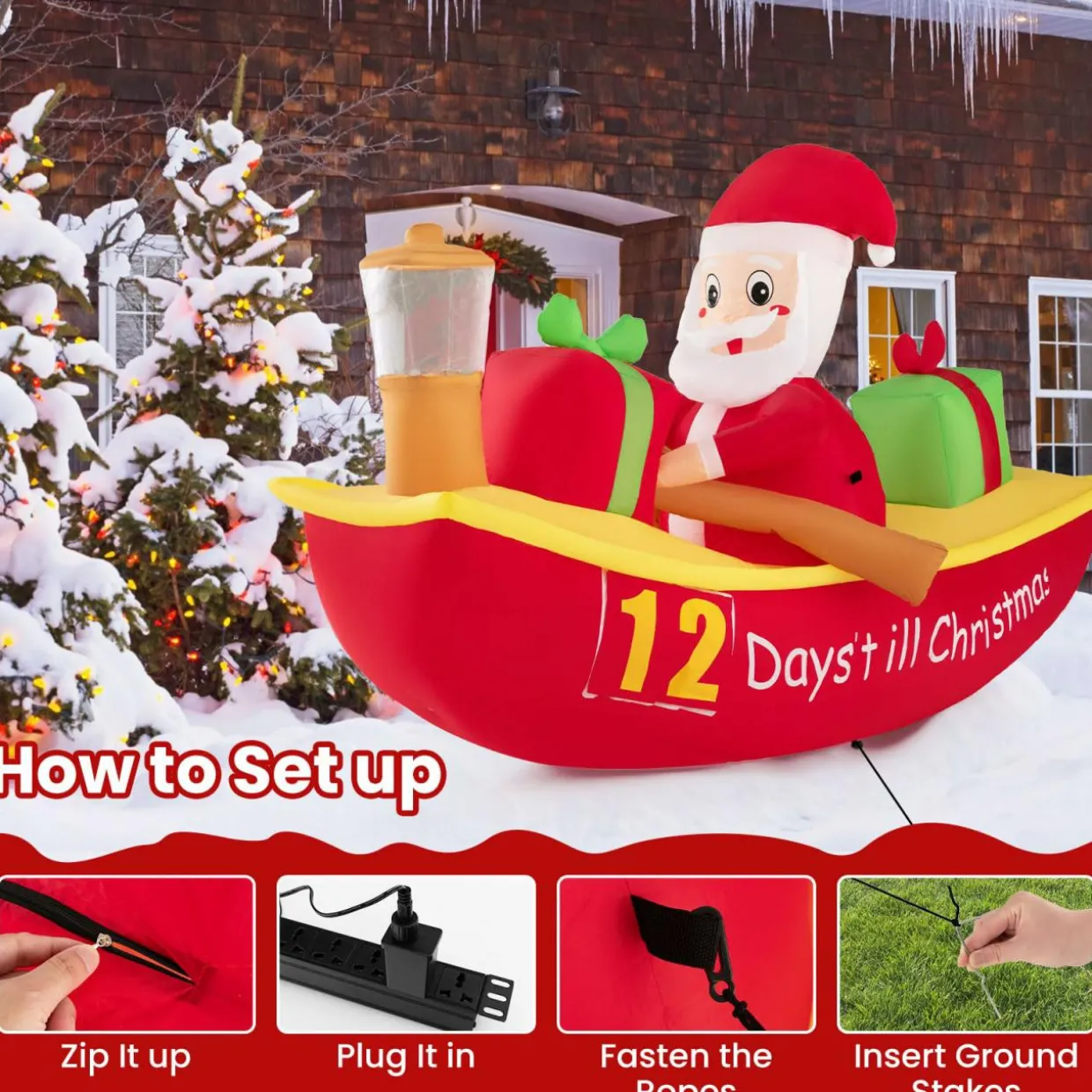 Tangkula 7 FT Christmas Inflatable Santa Claus Rowing Boat with Navigation Light