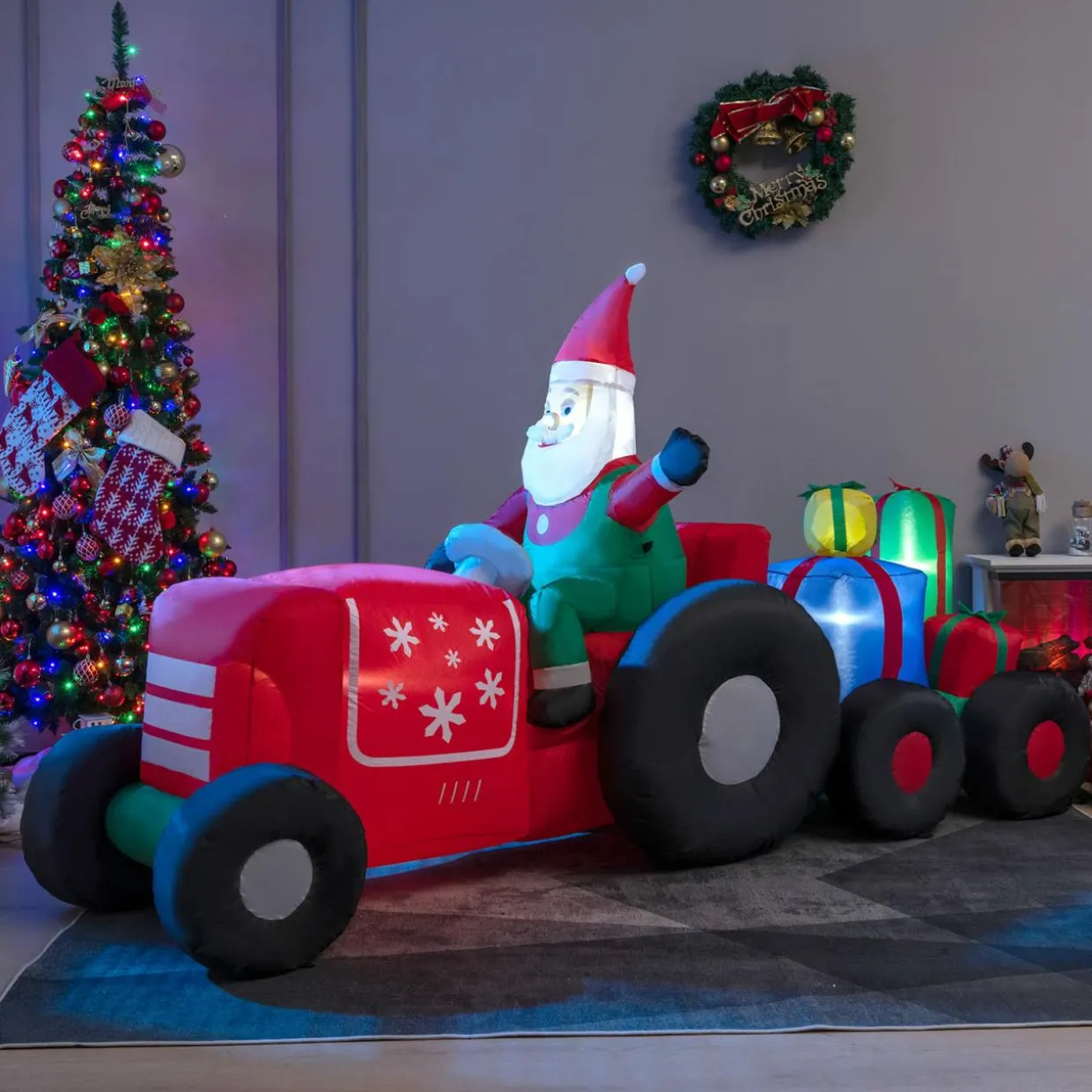 Tangkula 9 FT Christmas Inflatable Santa Claus on Truck with Gift Boxes, with Built-in LED Lights & Waterproof Fan