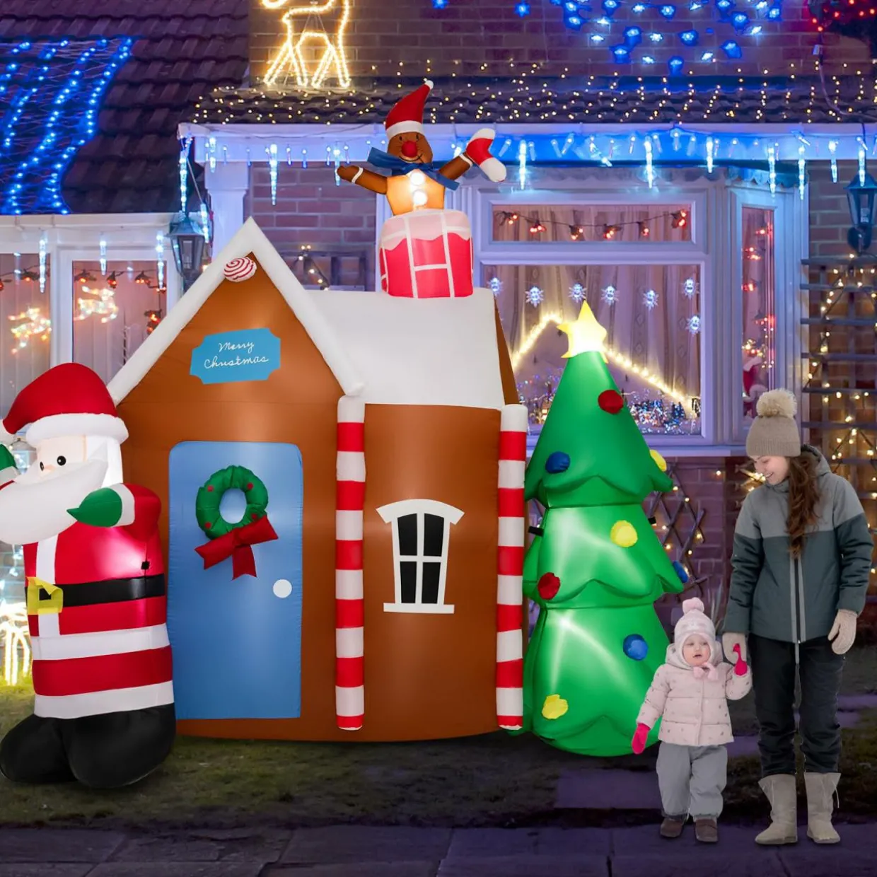 Tangkula 7 FT Christmas Inflatables Ginger House with Santa Claus & Christmas Tree