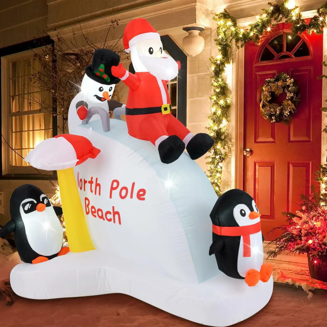 Tangkula 6.4 FT Christmas Inflatable Penguins, Santa & Snowman on Slide
