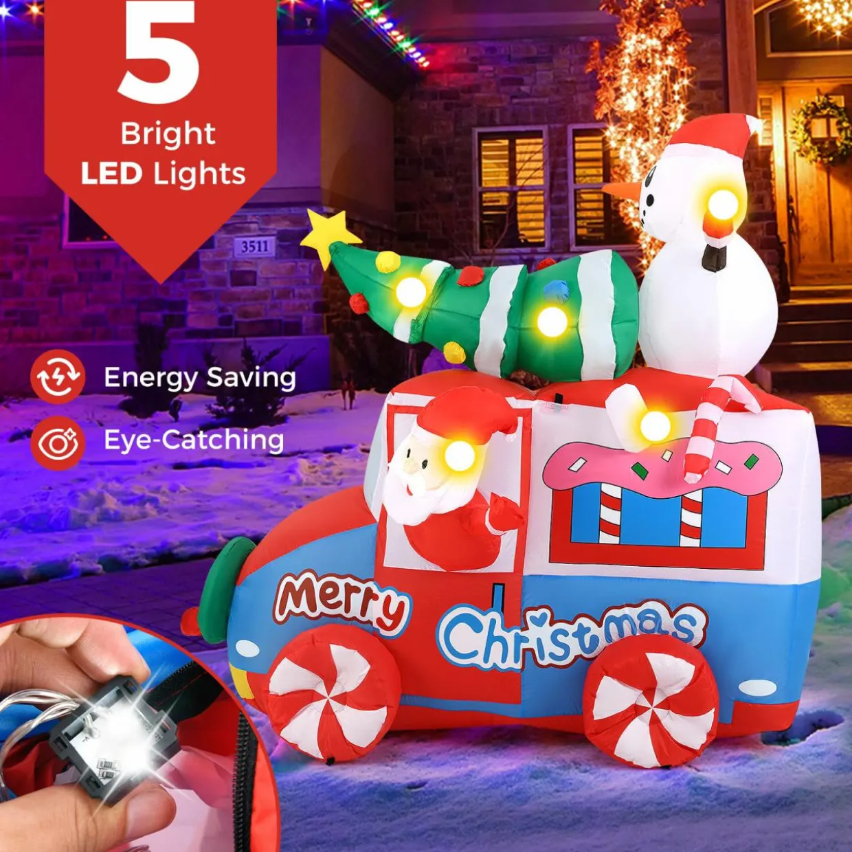 Tangkula 6 FT Christmas Inflatable Santa Claus Driving Car with Xmas Tree & Snowman