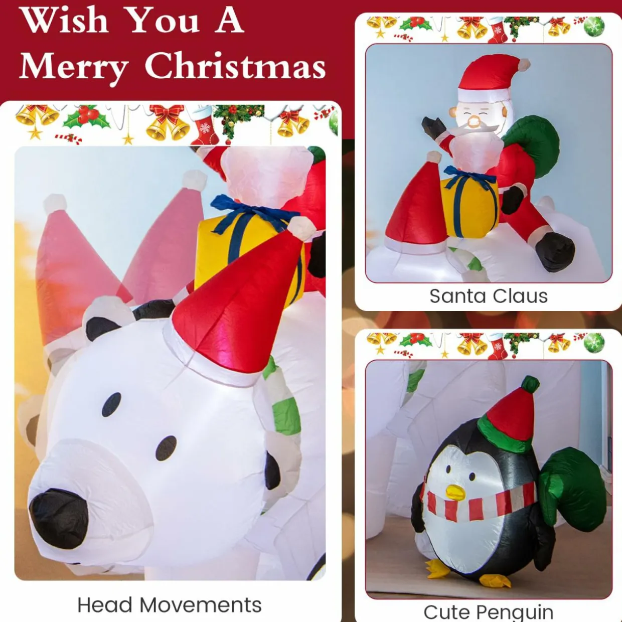 Tangkula 7.5 FT Christmas Inflatable Polar Bear, Blow up Santa Claus Riding Bear with Penguin, Gift Bags & Gift Box