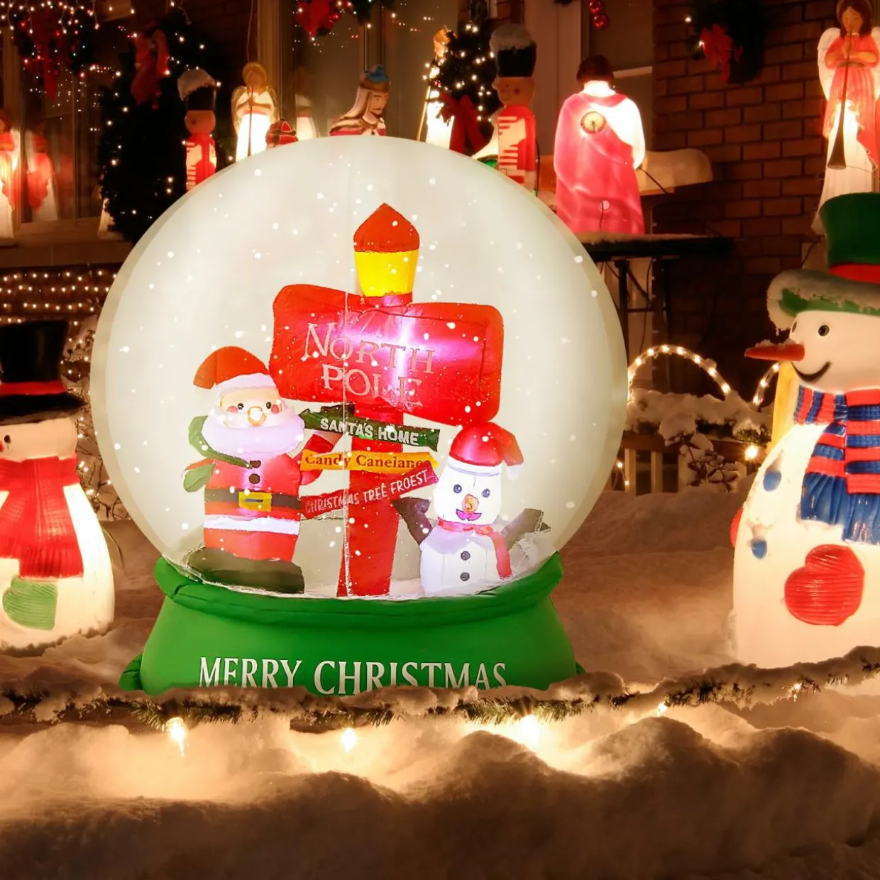 Tangkula 4.2 FT Christmas Inflatable Santa Snow Globe, Light Up Crystal Ball with Santa, Snowman & Road Sign