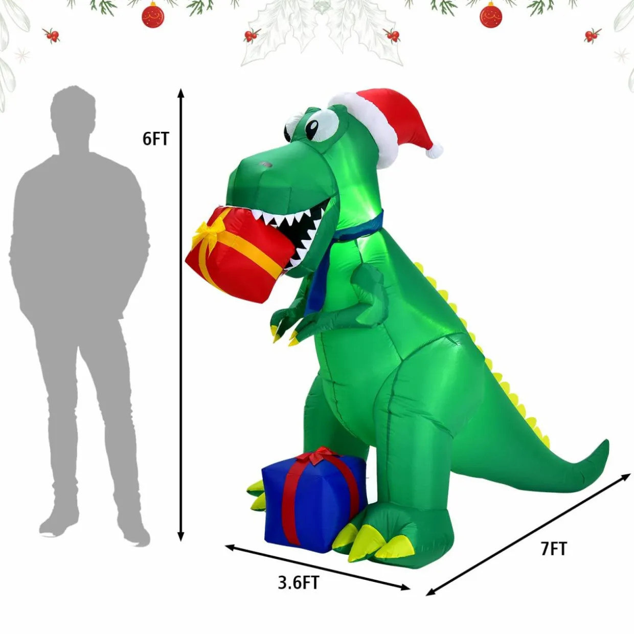 Tangkula 6 FT Christmas Inflatable Dinosaur, Indoor & Outdoor Christmas Decoration