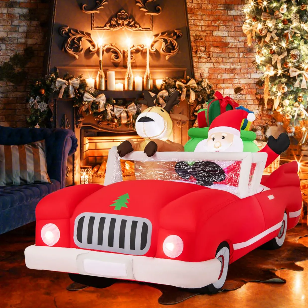 Tangkula 7.7 FT Christmas Inflatable Santa Claus & Reindeer Riding Car with Gift Bag