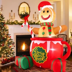 Tangkula 7 FT Christmas Inflatable Gingerbread Man in Hot Cocoa Mug