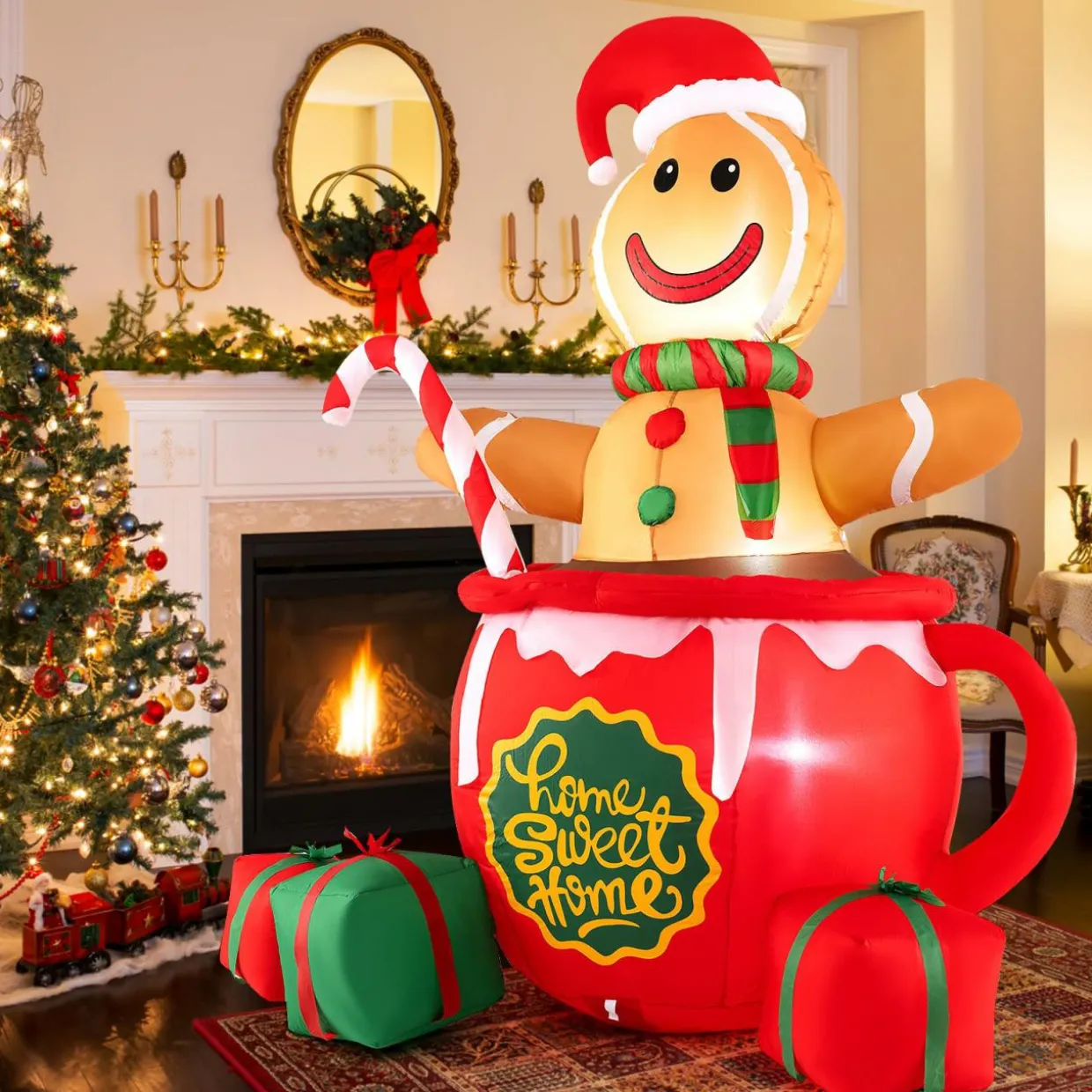Tangkula 7 FT Christmas Inflatable Gingerbread Man in Hot Cocoa Mug