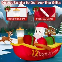 Tangkula 7 FT Christmas Inflatable Santa Claus Rowing Boat with Navigation Light
