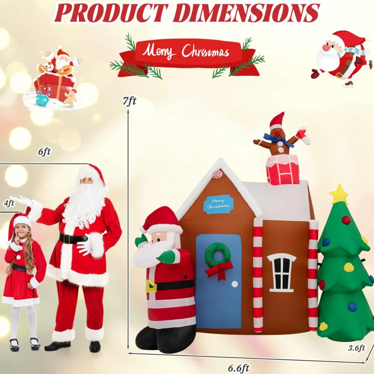 Tangkula 7 FT Christmas Inflatables Ginger House with Santa Claus & Christmas Tree