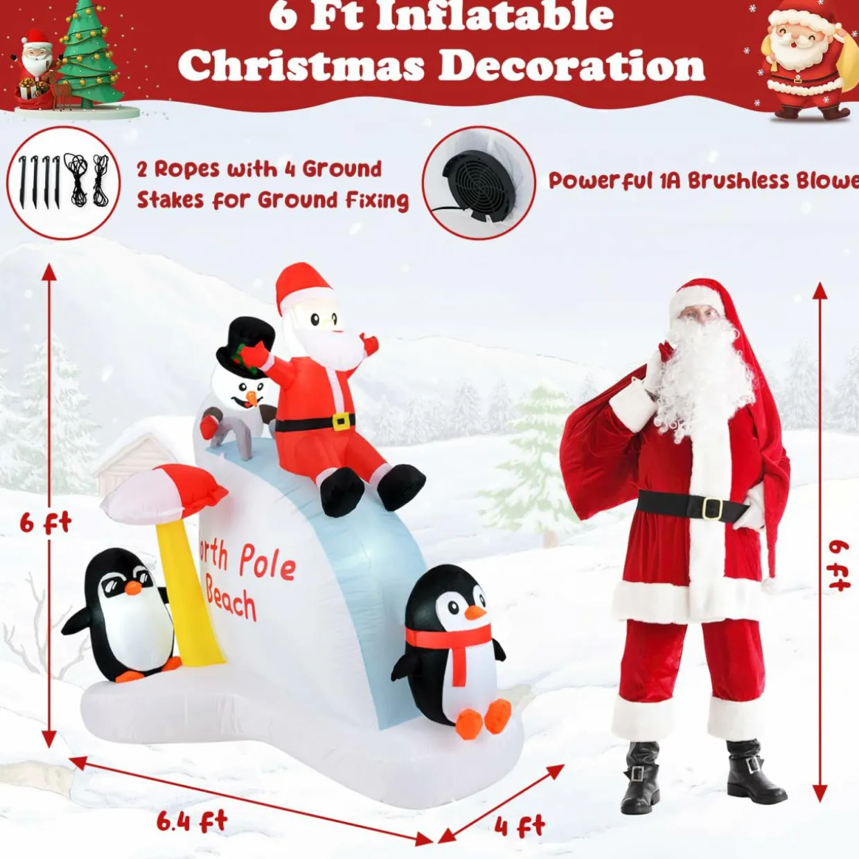 Tangkula 6.4 FT Christmas Inflatable Penguins, Santa & Snowman on Slide