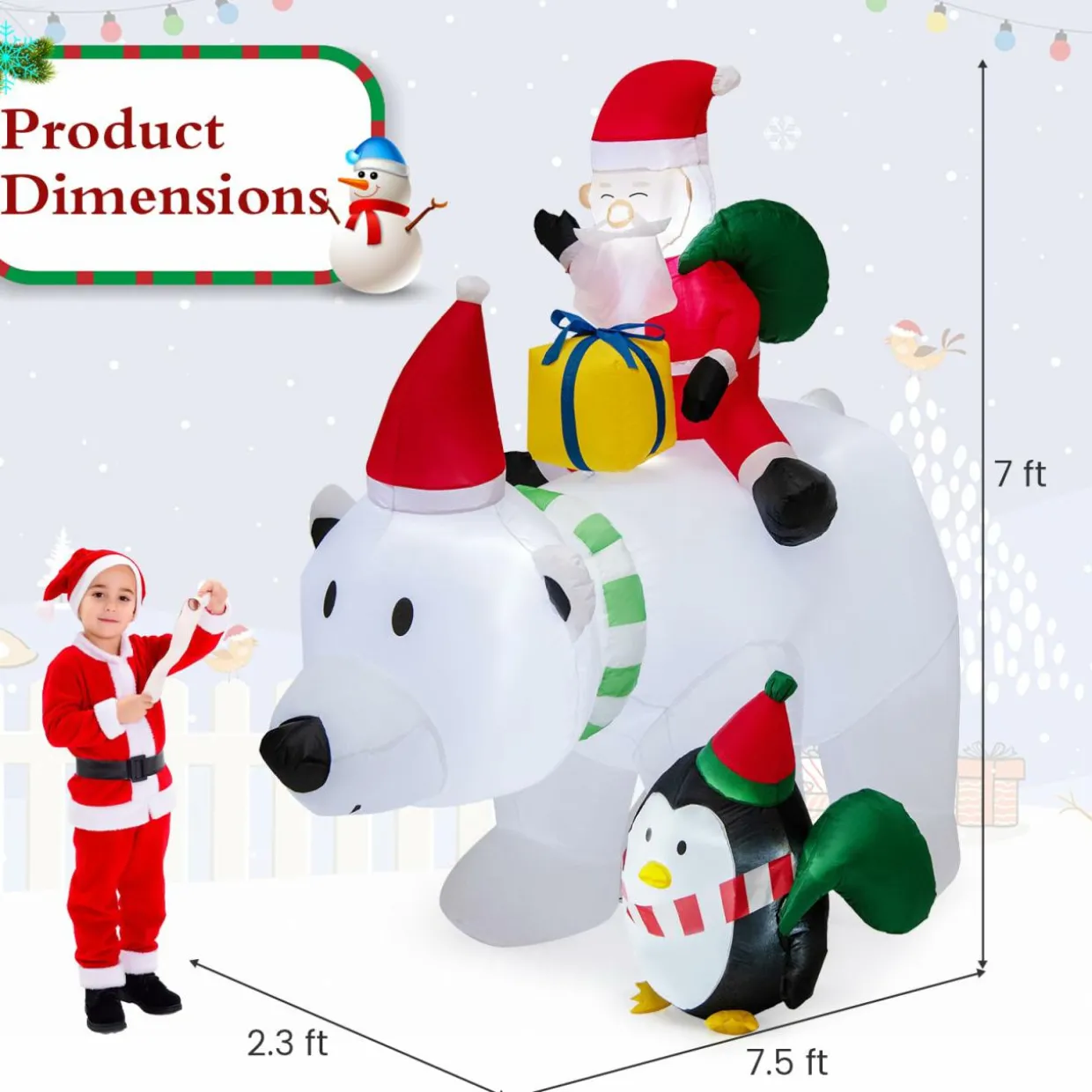 Tangkula 7.5 FT Christmas Inflatable Polar Bear, Blow up Santa Claus Riding Bear with Penguin, Gift Bags & Gift Box