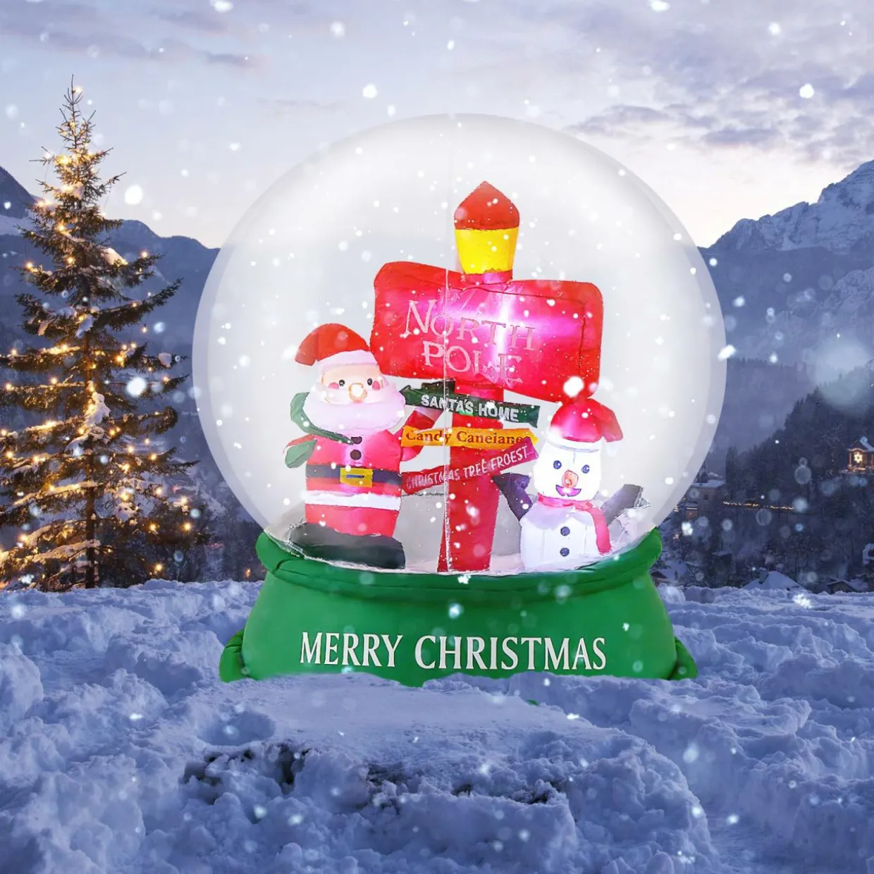 Tangkula 4.2 FT Christmas Inflatable Santa Snow Globe, Light Up Crystal Ball with Santa, Snowman & Road Sign
