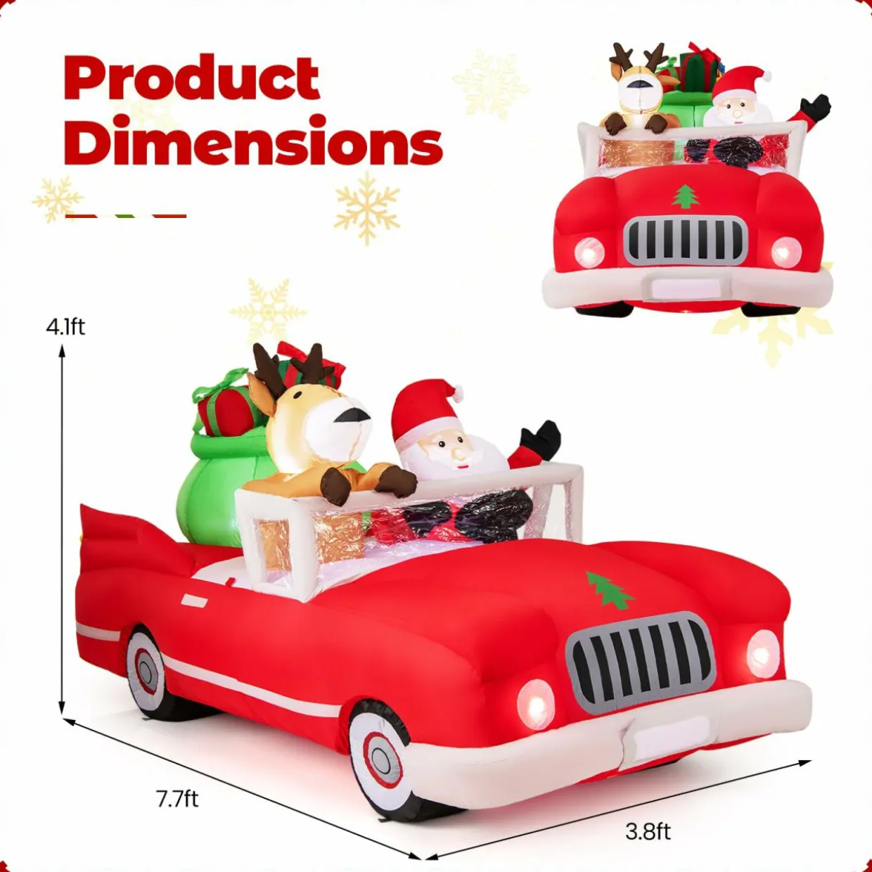 Tangkula 7.7 FT Christmas Inflatable Santa Claus & Reindeer Riding Car with Gift Bag