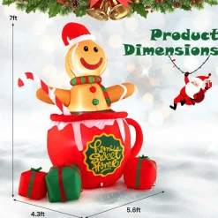 Tangkula 7 FT Christmas Inflatable Gingerbread Man in Hot Cocoa Mug
