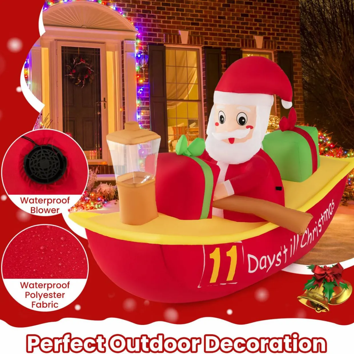 Tangkula 7 FT Christmas Inflatable Santa Claus Rowing Boat with Navigation Light