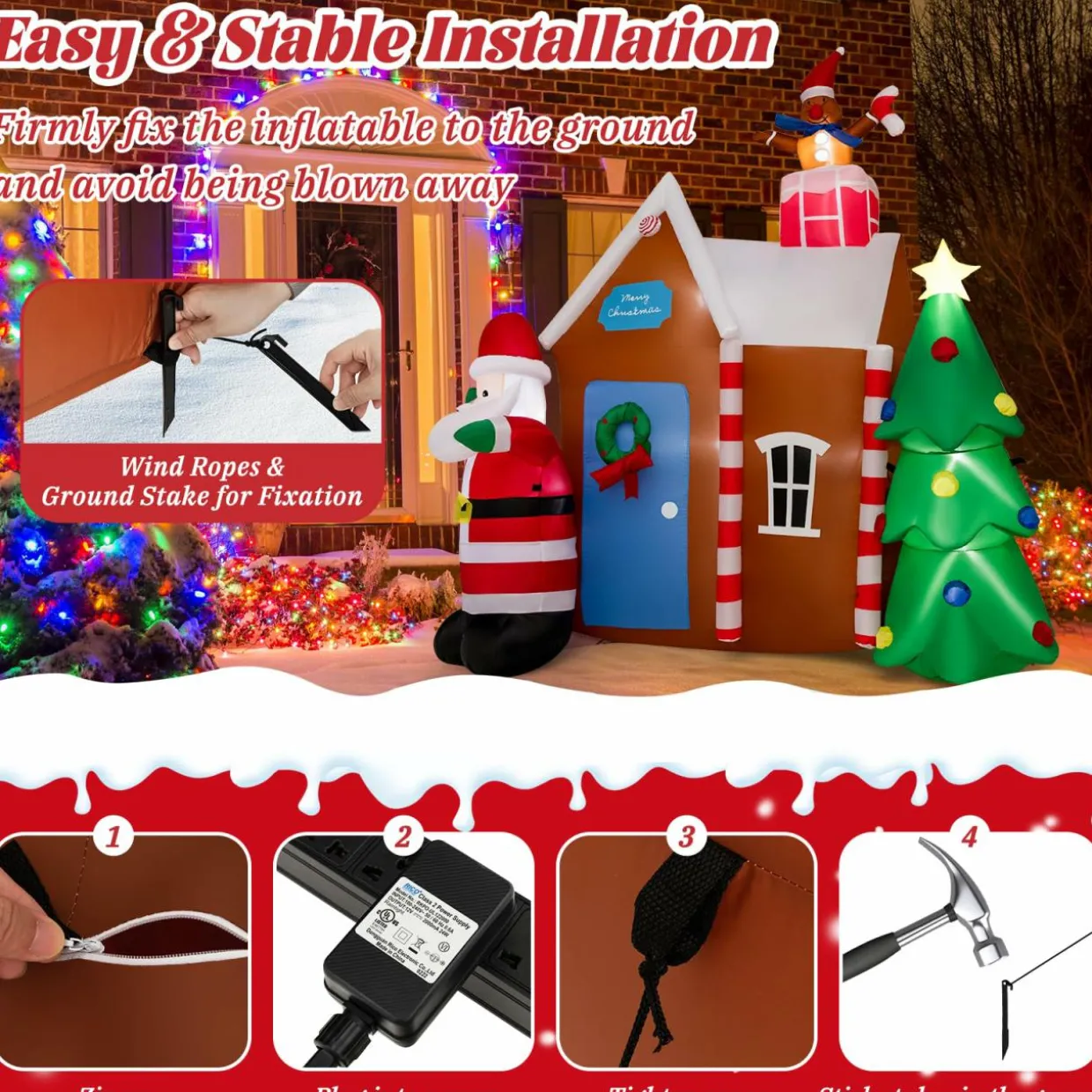 Tangkula 7 FT Christmas Inflatables Ginger House with Santa Claus & Christmas Tree